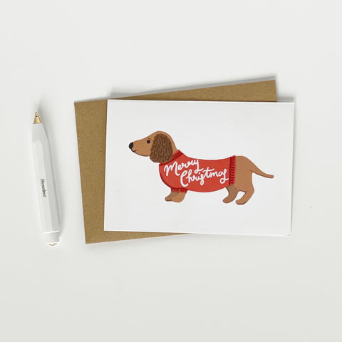 Dachshund pulling a Sledge Merry Christmas Card Pack - 1 Pack - Lomond Paper Co - Made Scotland