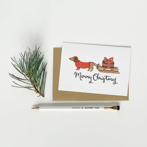 Dachshund pulling a Sledge Merry Christmas Card Pack - 1 Pack - Lomond Paper Co - Made Scotland