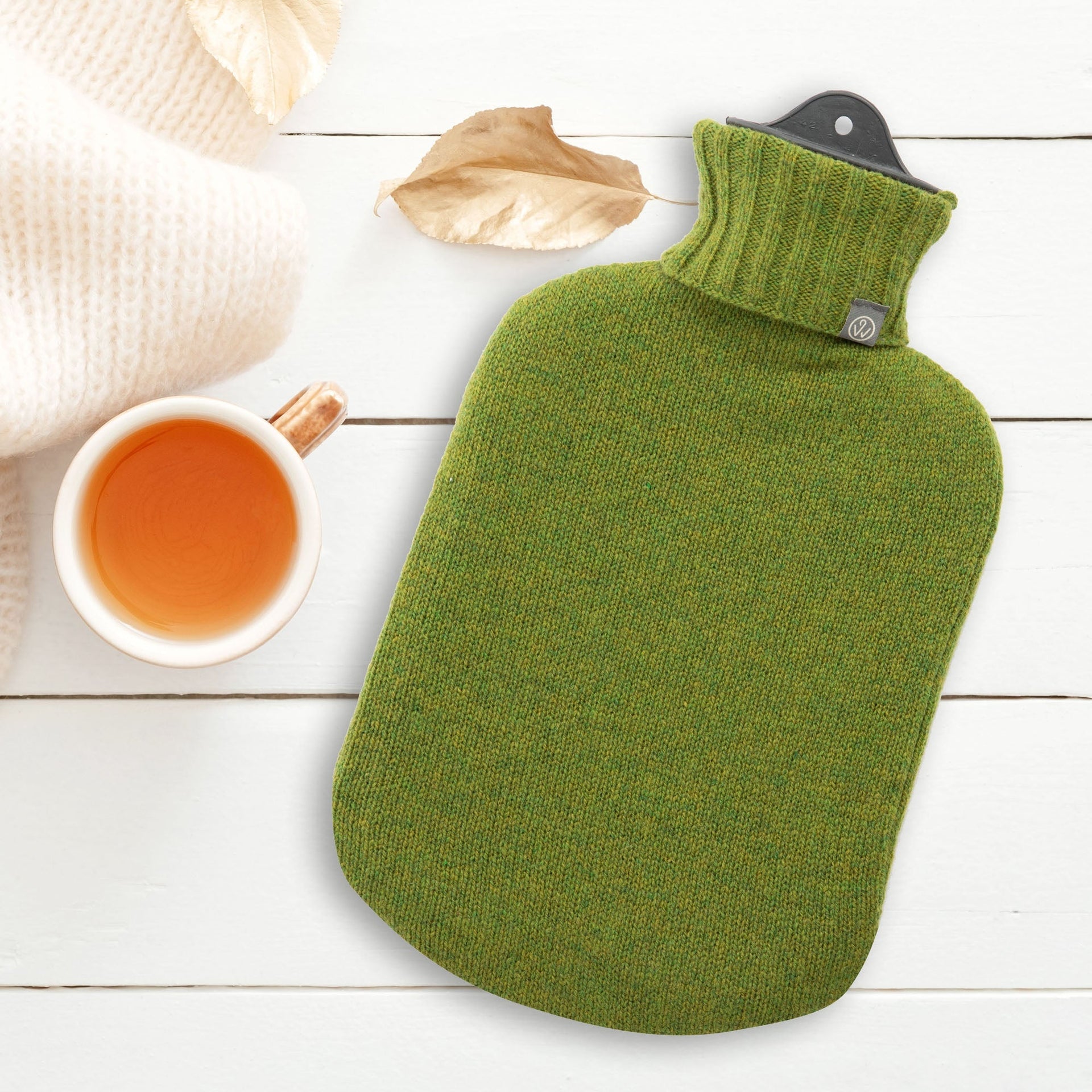 Lambswool Knit Block Colour Sustainable Hot Water Bottle Moss Green - Made Scotland