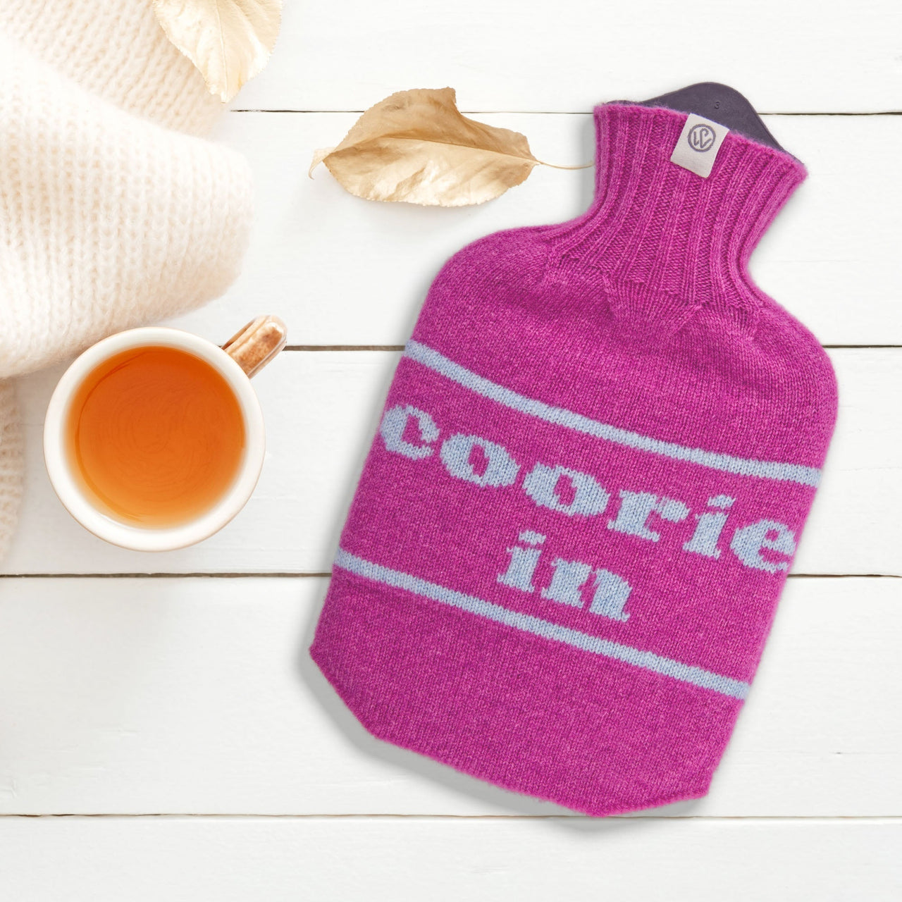 Lambswool Knit Coorie In Mini Sustainable Hot Water Bottle Bright Pink/Sky Blue - Made Scotland