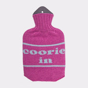 Lambswool Knit Coorie In Mini Sustainable Hot Water Bottle Bright Pink/Sky Blue - Made Scotland