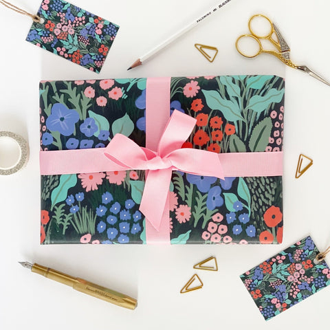 Midnight Blue Flower Meadow Recyclable Wrapping Paper Set - BLUE Eco Friendly Gift Wrap & Tags - 4 sheets & 4 tags - Lomond Paper Co - Made Scotland