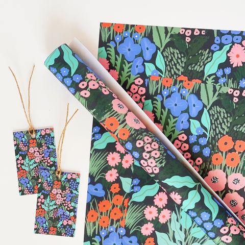 Midnight Blue Flower Meadow Recyclable Wrapping Paper Set - BLUE Eco Friendly Gift Wrap & Tags - 4 sheets & 4 tags - Lomond Paper Co - Made Scotland