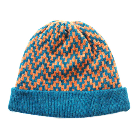 Stepped Chevron Beanie - Blue/Orange - Kathleen Moodie - Made Scotland