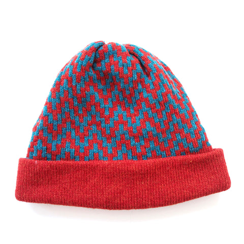 Stepped Chevron Beanie - Red/Blue - Kathleen Moodie - Made Scotland